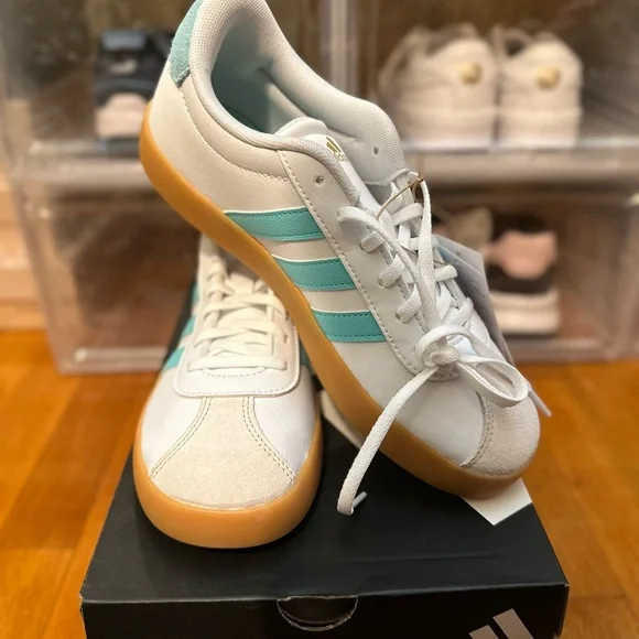 Adidas White and Aqua Sneakers with Gum Soles - Picture 1 of 5